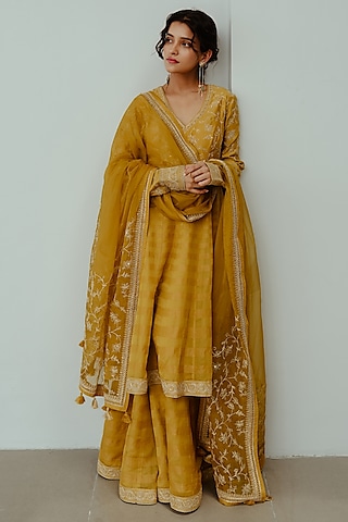 Mustard Chanderi Handloom Hand Embroidered Anarkali Set by Wabi Sabi