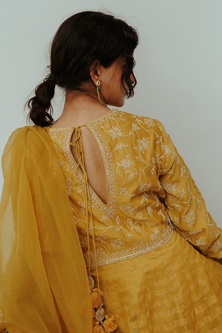 Mustard Chanderi Handloom Hand Embroidered Wedding Anarkali Set by Wabi Sabi at Pernia's Pop Up Shop