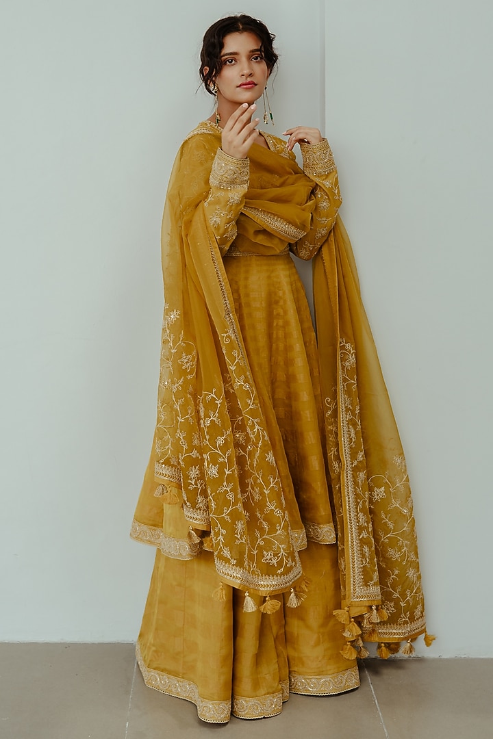 Mustard Chanderi Handloom Hand Embroidered Wedding Anarkali Set by Wabi Sabi at Pernia's Pop Up Shop