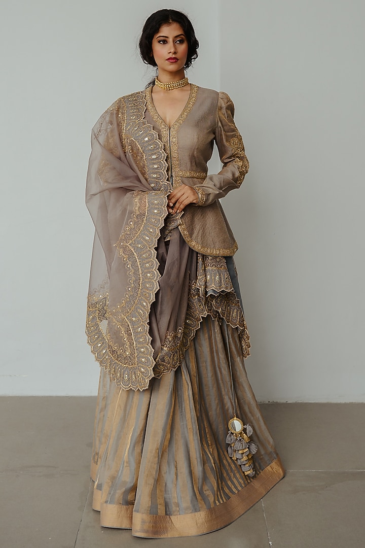 Smokey Grey Chanderi Handloom Hand Embroidered Wedding Lehenga Set by Wabi Sabi at Pernia's Pop Up Shop