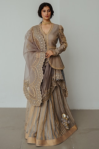 Smokey Grey Chanderi Handloom Hand Embroidered Lehenga Set by Wabi Sabi