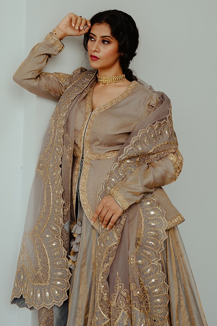 Smokey Grey Chanderi Handloom Hand Embroidered Wedding Lehenga Set by Wabi Sabi at Pernia's Pop Up Shop