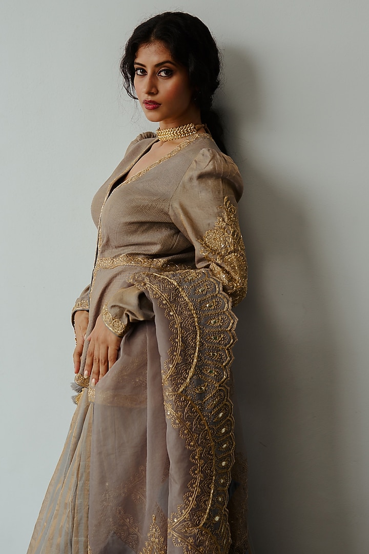 Smokey Grey Chanderi Handloom Hand Embroidered Wedding Lehenga Set by Wabi Sabi at Pernia's Pop Up Shop