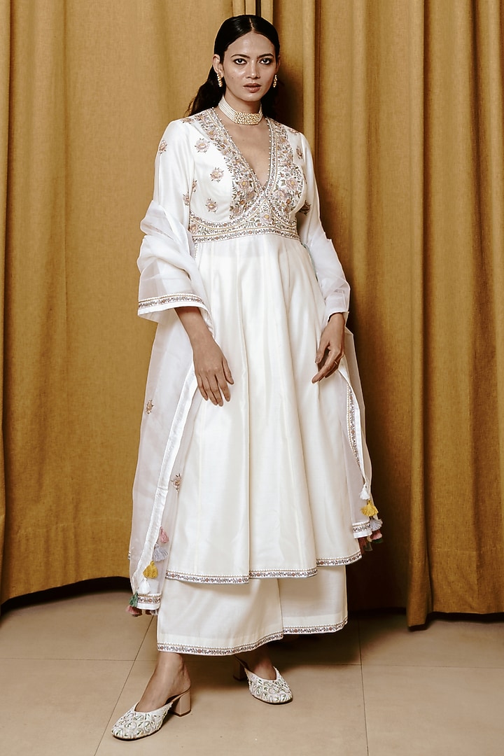 Ivory Chanderi Handloom Resham Embroidered Wedding Anarkali Set by Wabi Sabi at Pernia's Pop Up Shop