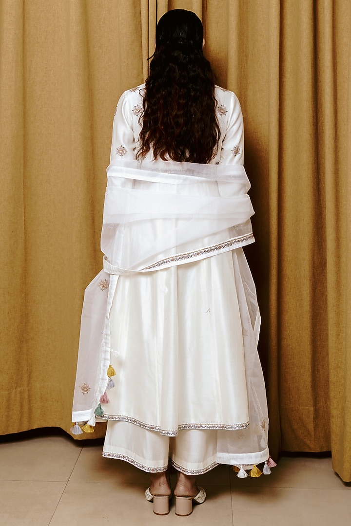 Ivory Chanderi Handloom Resham Embroidered Wedding Anarkali Set by Wabi Sabi at Pernia's Pop Up Shop