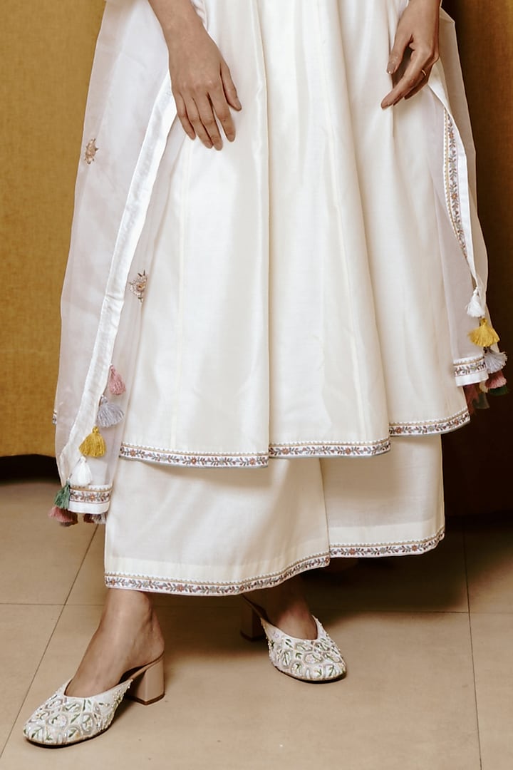 Ivory Chanderi Handloom Resham Embroidered Wedding Anarkali Set by Wabi Sabi at Pernia's Pop Up Shop