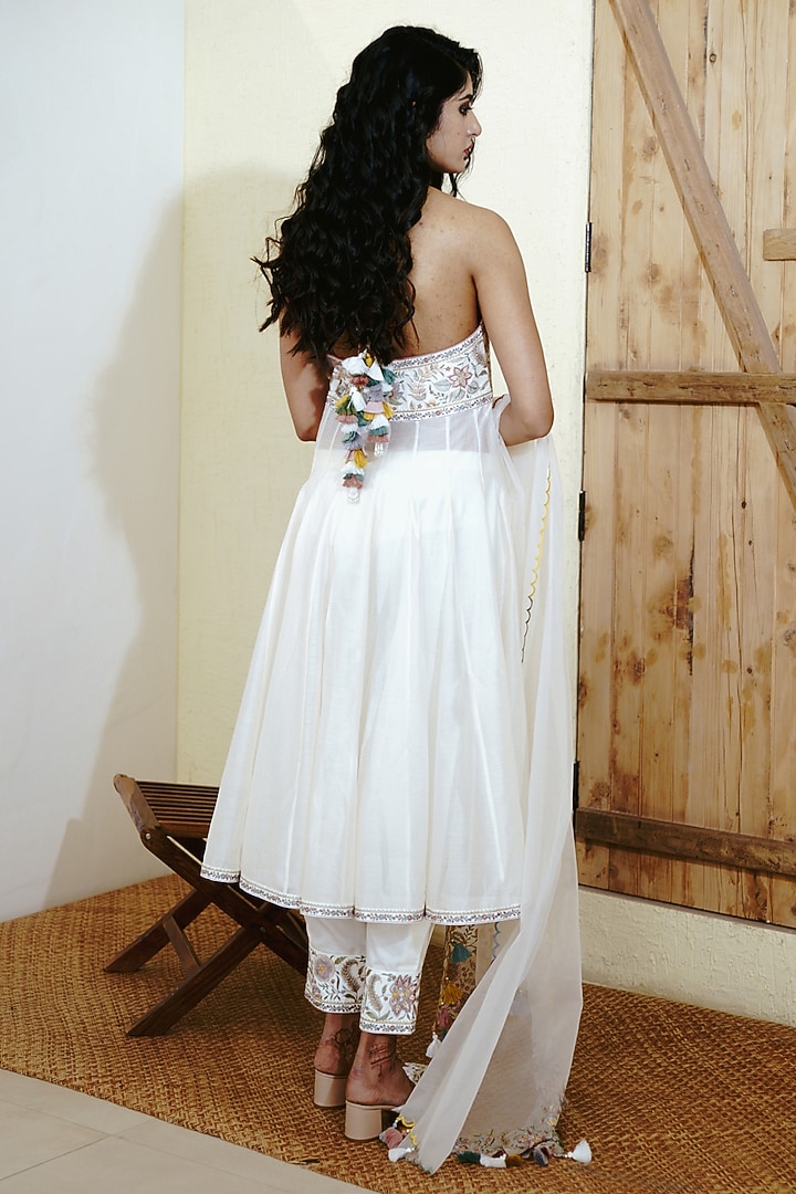 Ivory Chanderi Handloom Resham Embroidered Wedding Anarkali Set by Wabi Sabi at Pernia's Pop Up Shop