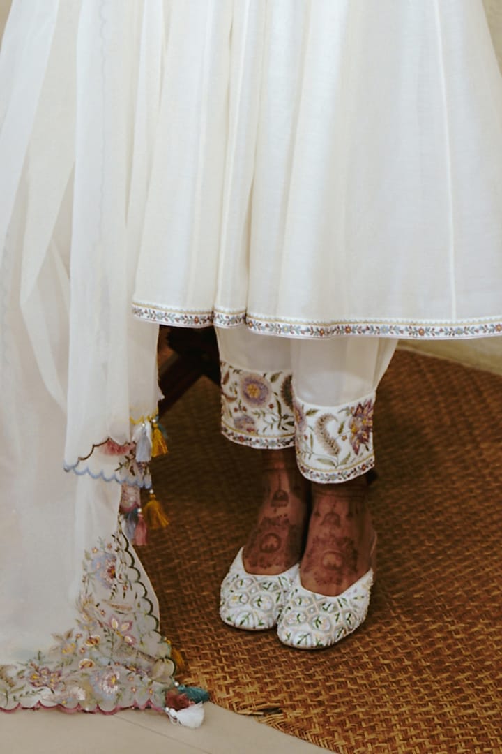 Ivory Chanderi Handloom Resham Embroidered Wedding Anarkali Set by Wabi Sabi at Pernia's Pop Up Shop