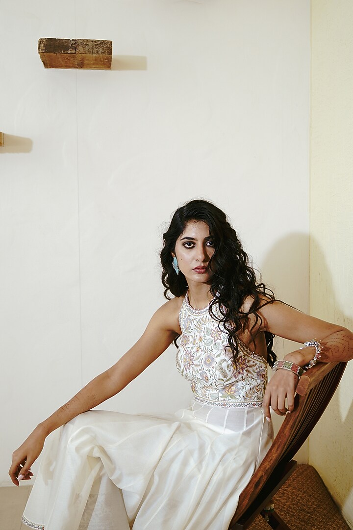 Ivory Chanderi Handloom Resham Embroidered Wedding Anarkali Set by Wabi Sabi at Pernia's Pop Up Shop