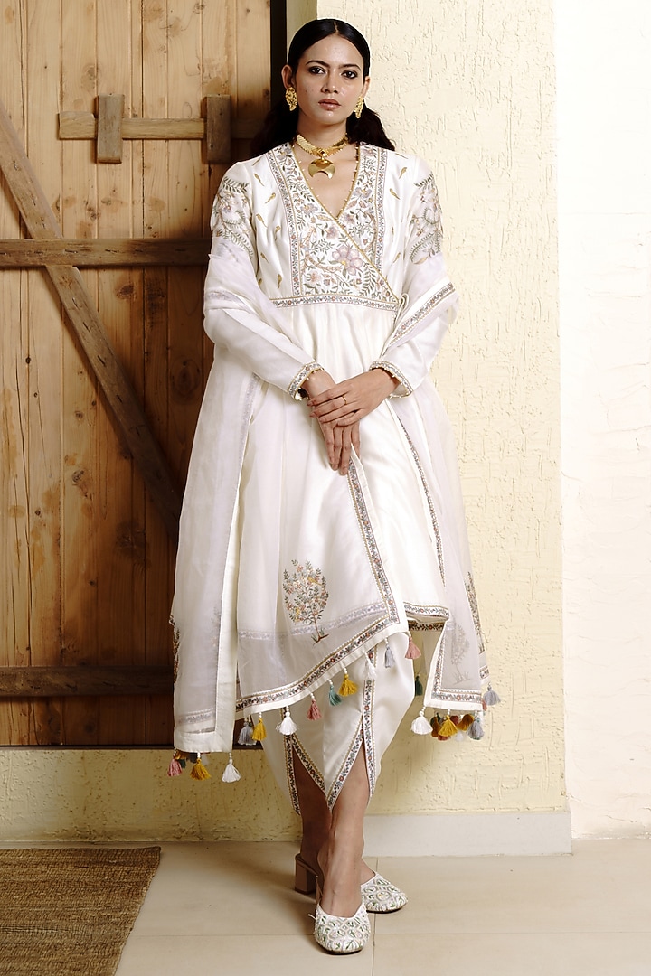 Ivory Chanderi Handloom Resham Embroidered Wedding Anarkali Set by Wabi Sabi at Pernia's Pop Up Shop