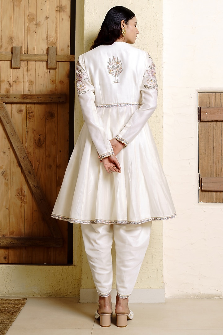 Ivory Chanderi Handloom Resham Embroidered Wedding Anarkali Set by Wabi Sabi at Pernia's Pop Up Shop