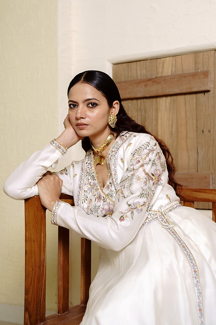 Ivory Chanderi Handloom Resham Embroidered Wedding Anarkali Set by Wabi Sabi at Pernia's Pop Up Shop