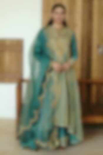 Moss Green Chanderi Handloom Cutdana Embroidered Bridal Anarkali Set by Wabi Sabi at Pernia's Pop Up Shop