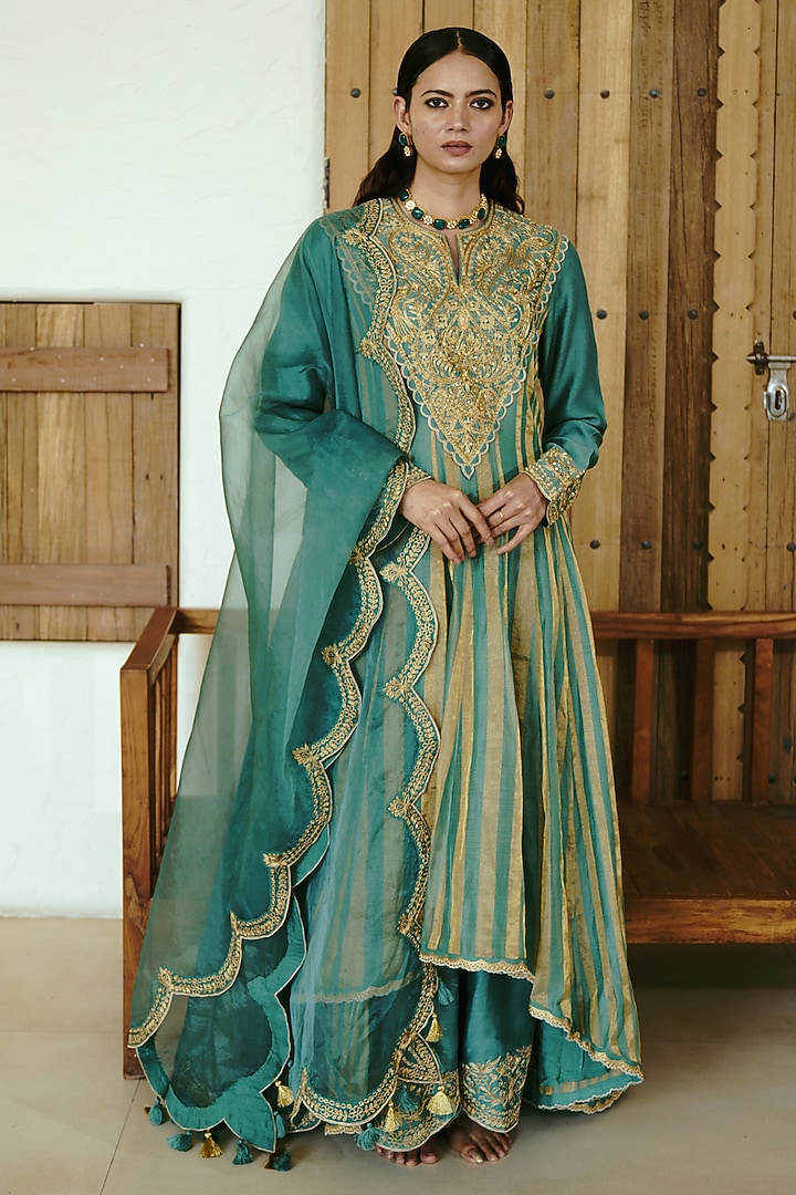 Moss Green Chanderi Handloom Cutdana Embroidered Bridal Anarkali Set by Wabi Sabi at Pernia's Pop Up Shop
