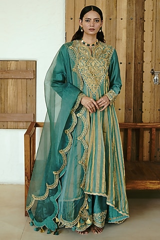 Moss Green Chanderi Handloom Cutdana Embroidered Anarkali Set by Wabi Sabi