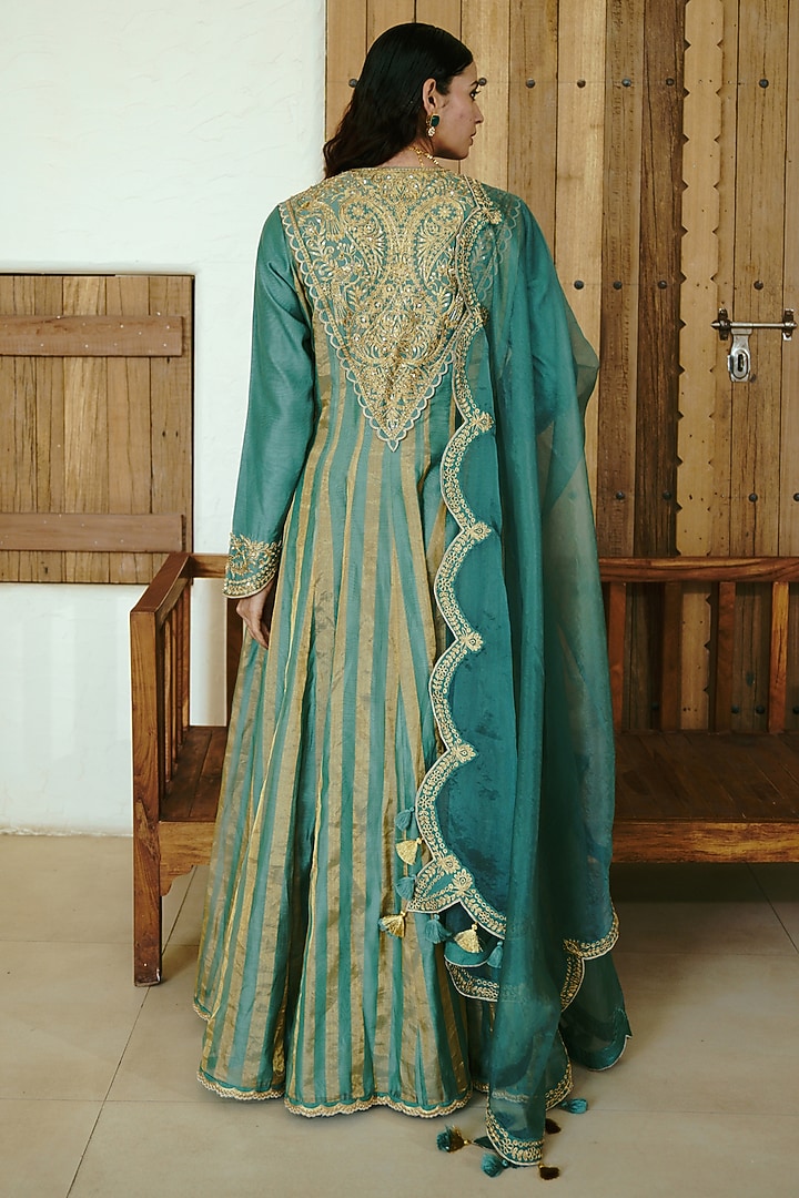 Moss Green Chanderi Handloom Cutdana Embroidered Bridal Anarkali Set by Wabi Sabi at Pernia's Pop Up Shop