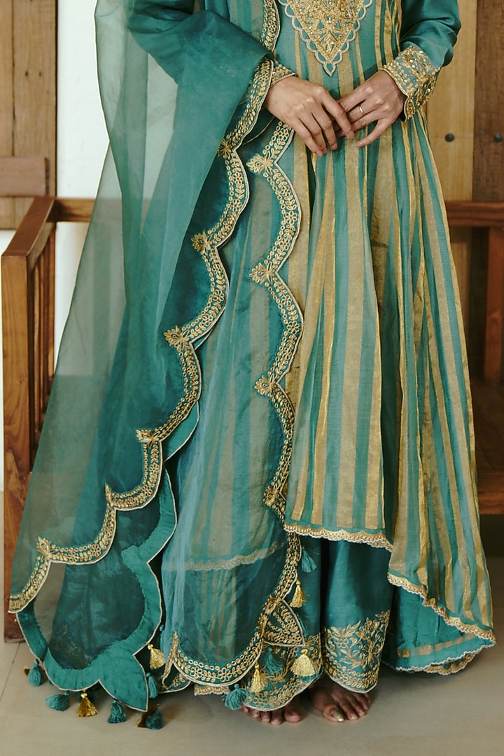 Moss Green Chanderi Handloom Cutdana Embroidered Bridal Anarkali Set by Wabi Sabi at Pernia's Pop Up Shop