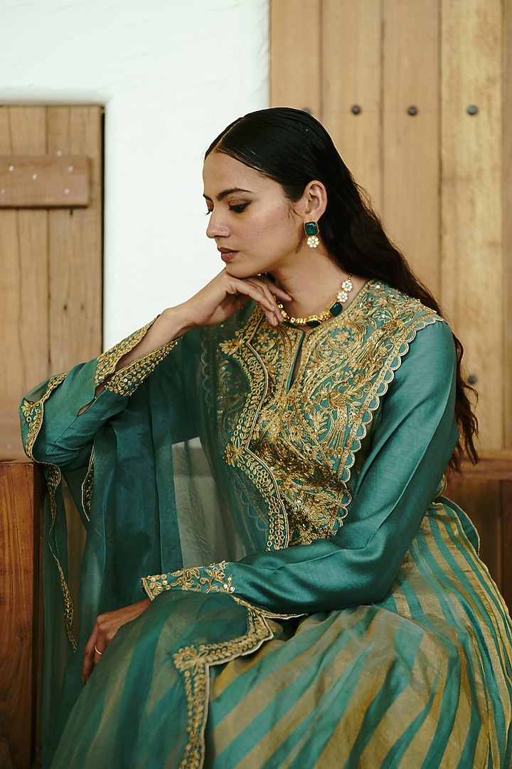 Moss Green Chanderi Handloom Cutdana Embroidered Bridal Anarkali Set by Wabi Sabi at Pernia's Pop Up Shop