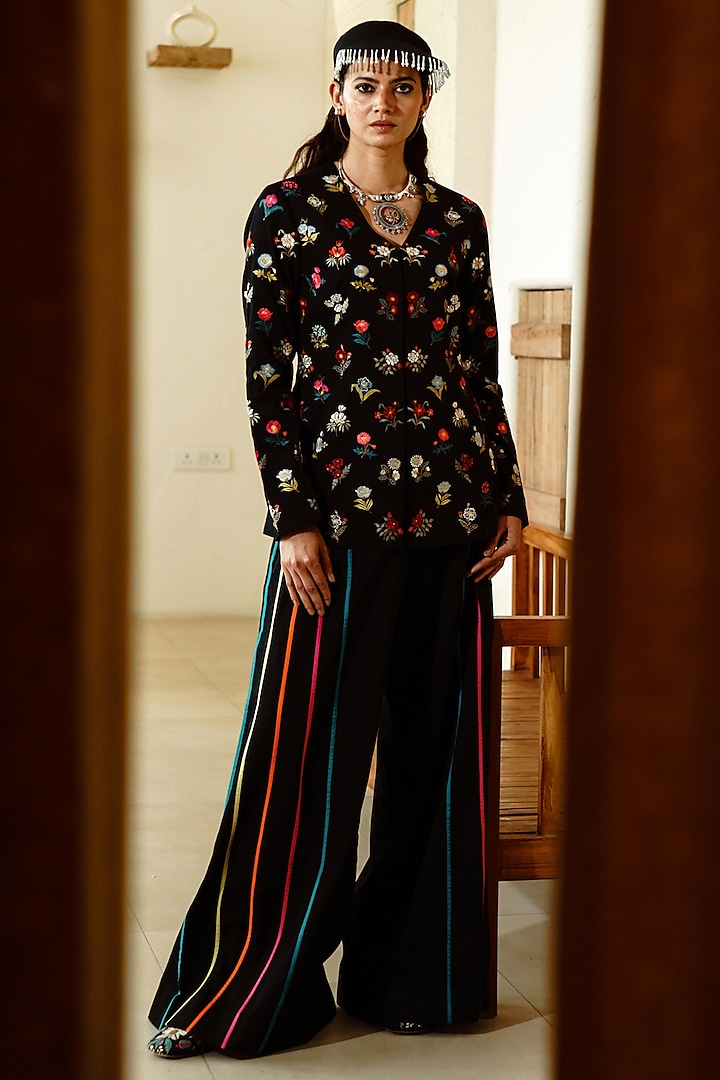 Black Cotton Silk Resham Embroidered Jacket Set by Wabi Sabi at Pernia's Pop Up Shop