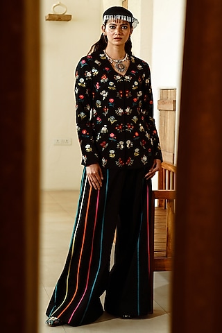 Black Cotton Silk Resham Embroidered Jacket Set by Wabi Sabi