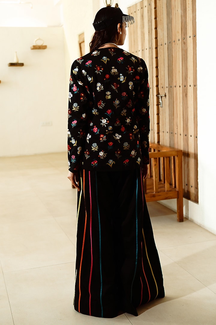 Black Cotton Silk Resham Embroidered Jacket Set by Wabi Sabi at Pernia's Pop Up Shop