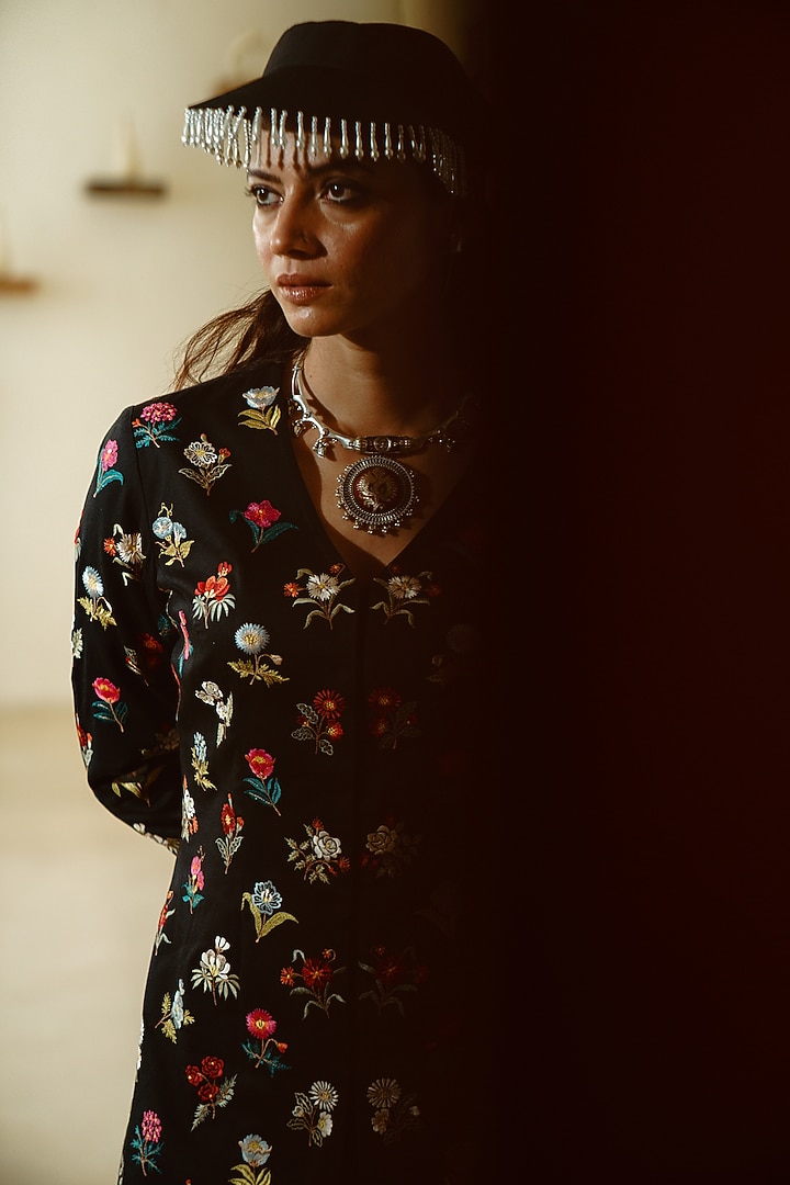 Black Cotton Silk Resham Embroidered Jacket Set by Wabi Sabi at Pernia's Pop Up Shop