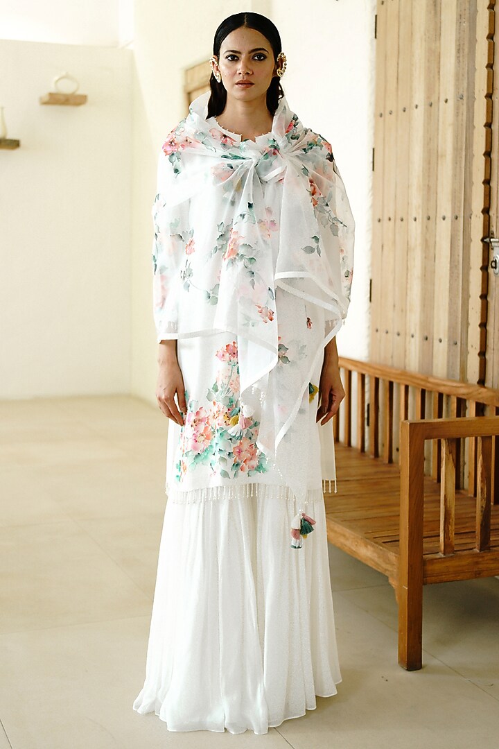 White Georgette Flared Wedding Sharara Set by Wabi Sabi at Pernia's Pop Up Shop