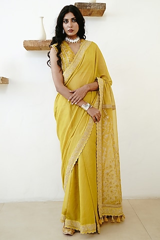 Mustard Handwoven Tissue Cutdana Embroidered Saree Set by Wabi Sabi