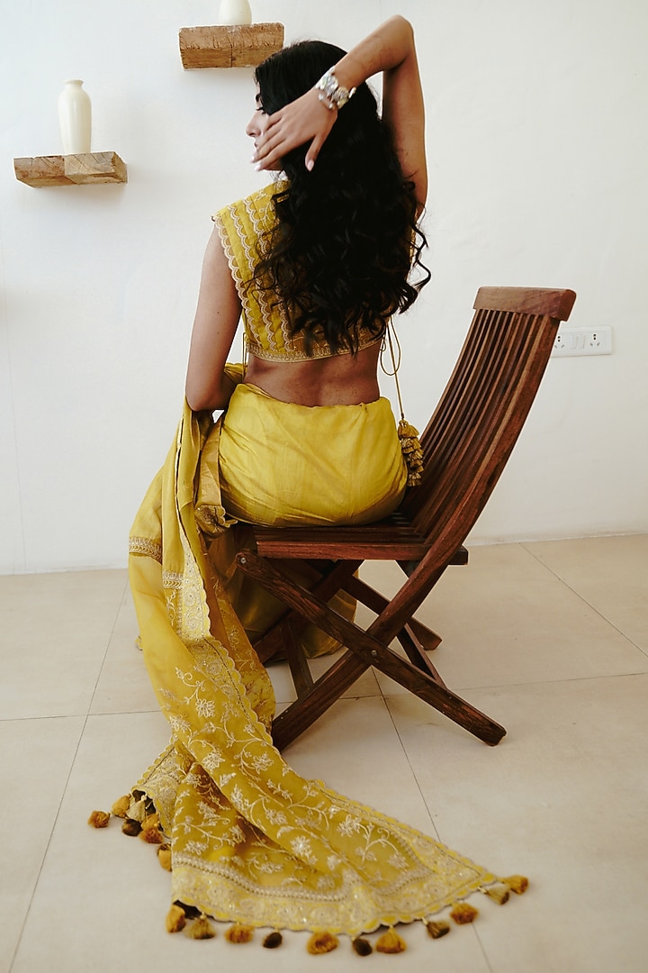 Mustard Handwoven Tissue Cutdana Embroidered Wedding Saree Set by Wabi Sabi at Pernia's Pop Up Shop