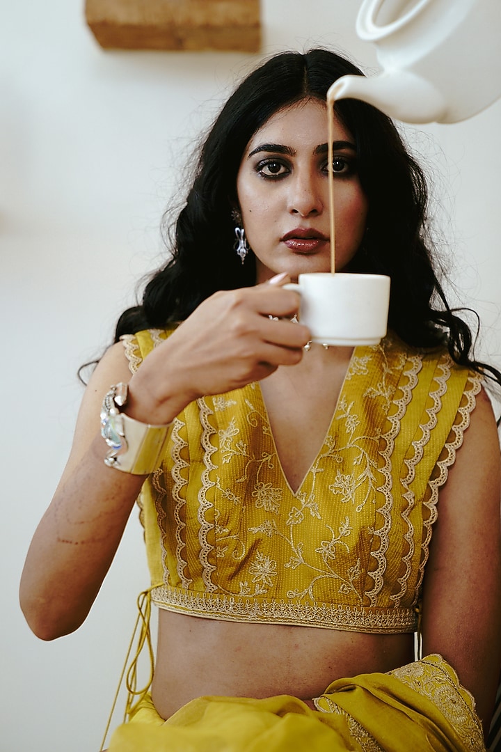 Mustard Handwoven Tissue Cutdana Embroidered Wedding Saree Set by Wabi Sabi at Pernia's Pop Up Shop