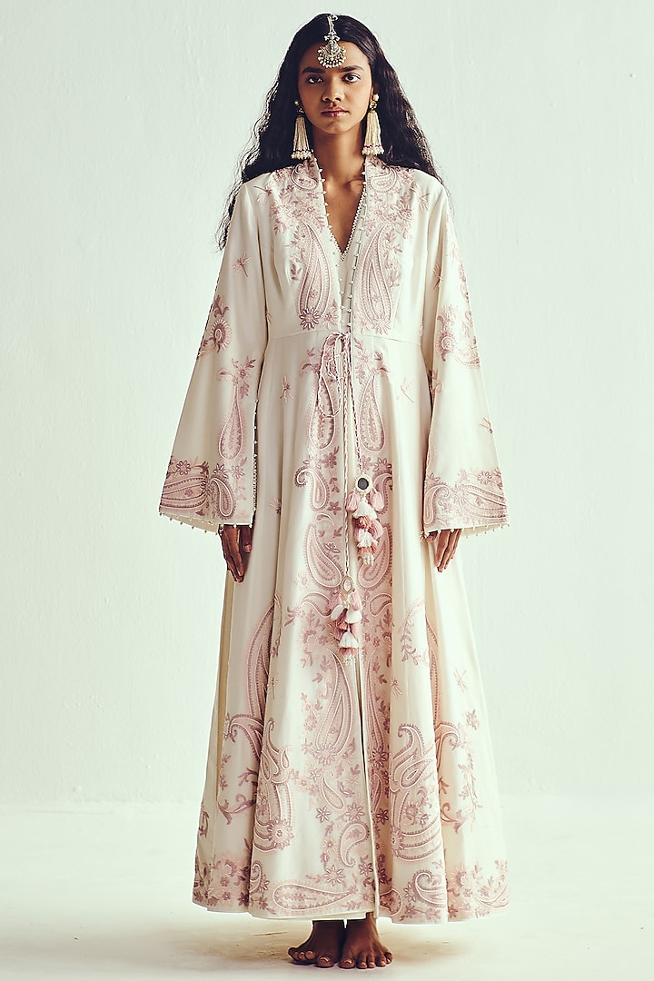 Ivory Chanderi Aari Embroidered Bridal Anarkali With Jacket by Wabi Sabi at Pernia's Pop Up Shop