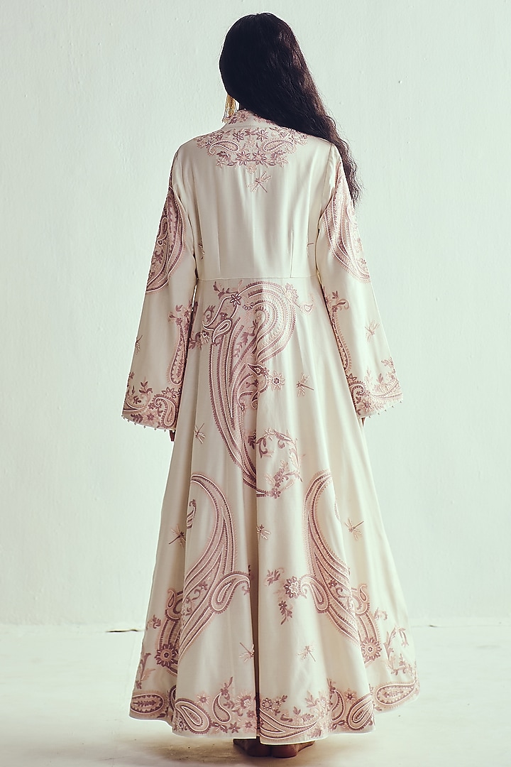 Ivory Chanderi Aari Embroidered Bridal Anarkali With Jacket by Wabi Sabi at Pernia's Pop Up Shop