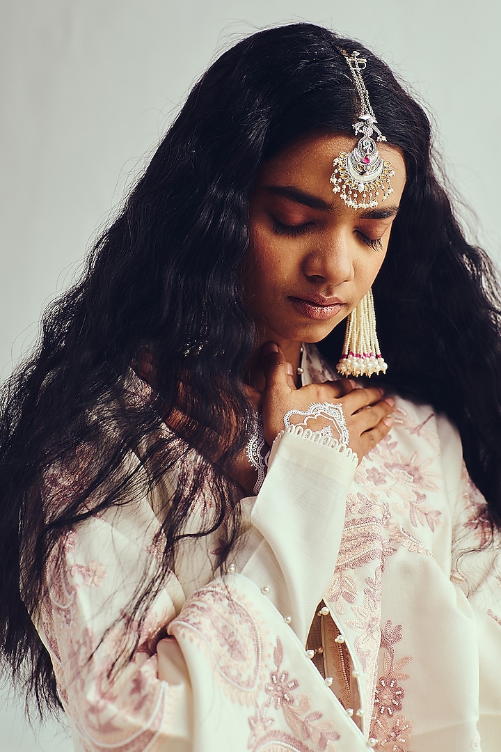 Ivory Chanderi Aari Embroidered Bridal Anarkali With Jacket by Wabi Sabi at Pernia's Pop Up Shop