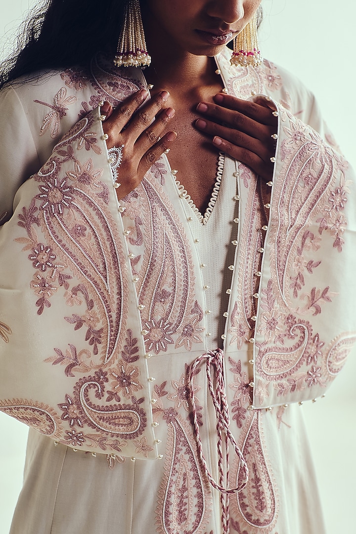 Ivory Chanderi Aari Embroidered Bridal Anarkali With Jacket by Wabi Sabi at Pernia's Pop Up Shop