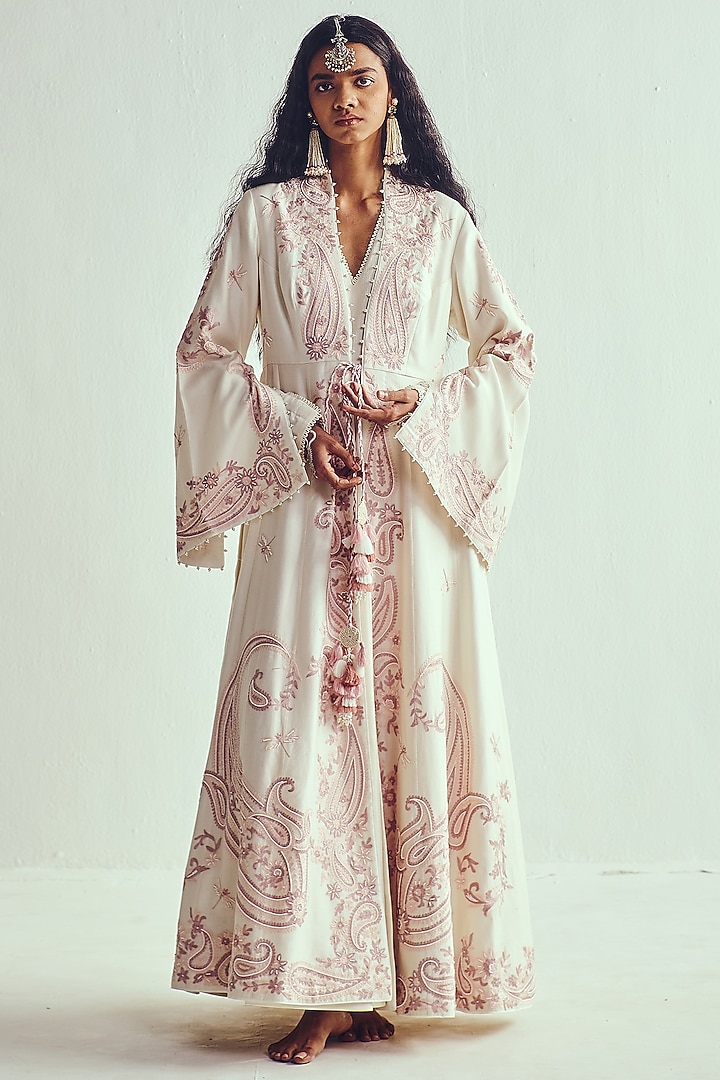 Ivory Chanderi Aari Embroidered Bridal Anarkali With Jacket by Wabi Sabi at Pernia's Pop Up Shop