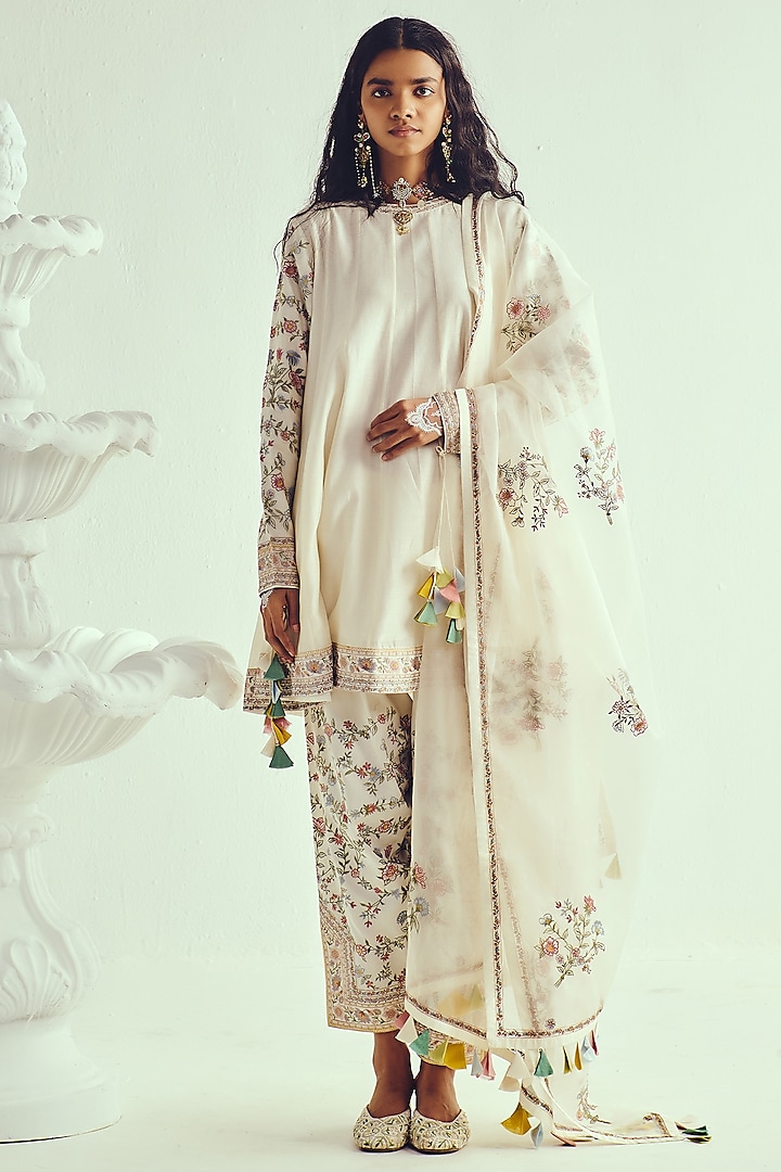 Ivory Chanderi Resham Embroidered Short Wedding Anarkali Set by Wabi Sabi at Pernia's Pop Up Shop