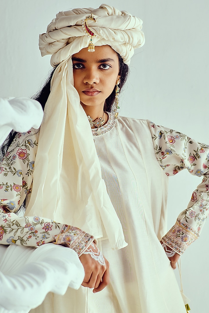 Ivory Chanderi Resham Embroidered Short Wedding Anarkali Set by Wabi Sabi at Pernia's Pop Up Shop