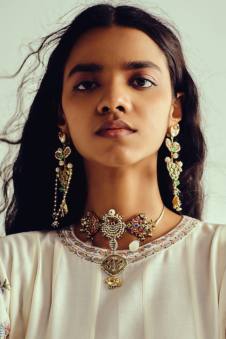 Ivory Chanderi Resham Embroidered Short Wedding Anarkali Set by Wabi Sabi at Pernia's Pop Up Shop