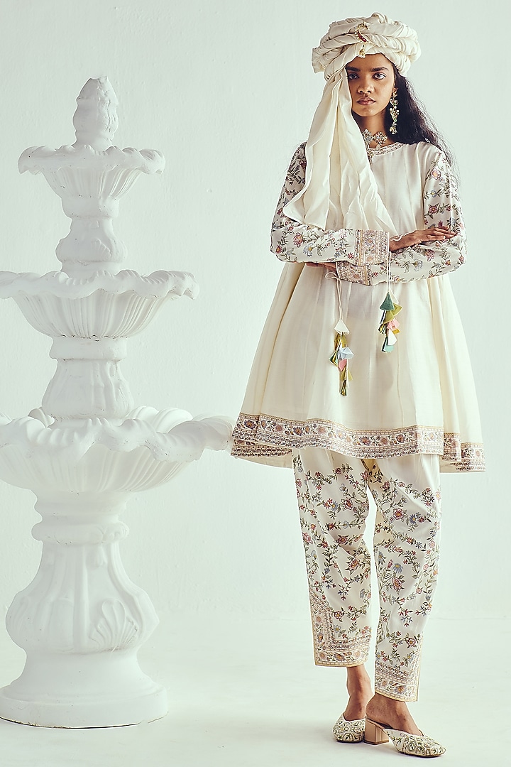 Ivory Chanderi Resham Embroidered Short Wedding Anarkali Set by Wabi Sabi at Pernia's Pop Up Shop