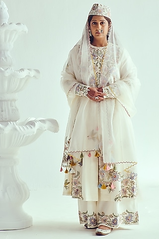 Ivory Chanderi Handloom Resham Embroidered Jacket Anarkali Set by Wabi Sabi