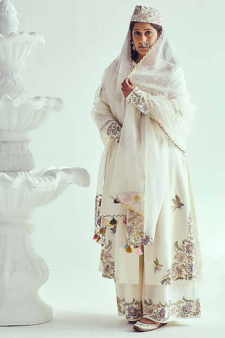 Ivory Chanderi Handloom Resham Embroidered Jacket Wedding Anarkali Set by Wabi Sabi at Pernia's Pop Up Shop