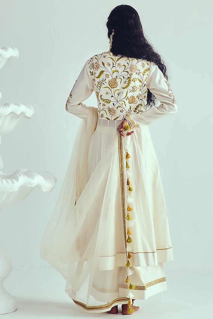 Ivory Chanderi Handloom Resham Embroidered Wedding Anarkali Set by Wabi Sabi at Pernia's Pop Up Shop
