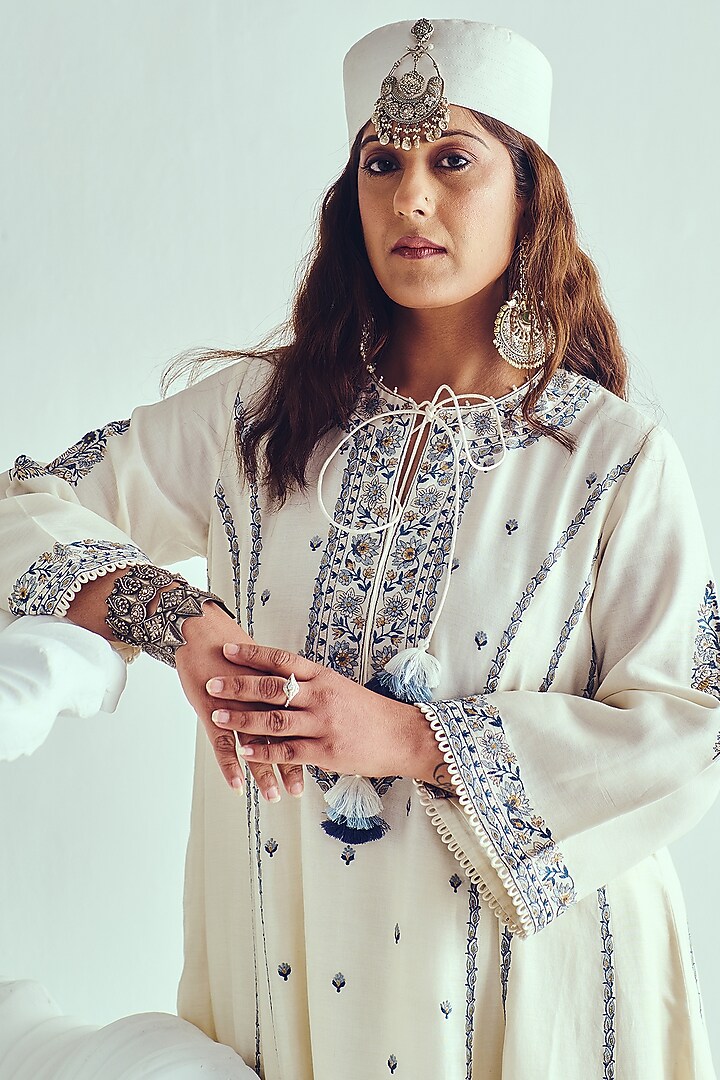 Ivory Chanderi Handloom Resham Embroidered Phiran Wedding Anarkali Set by Wabi Sabi at Pernia's Pop Up Shop