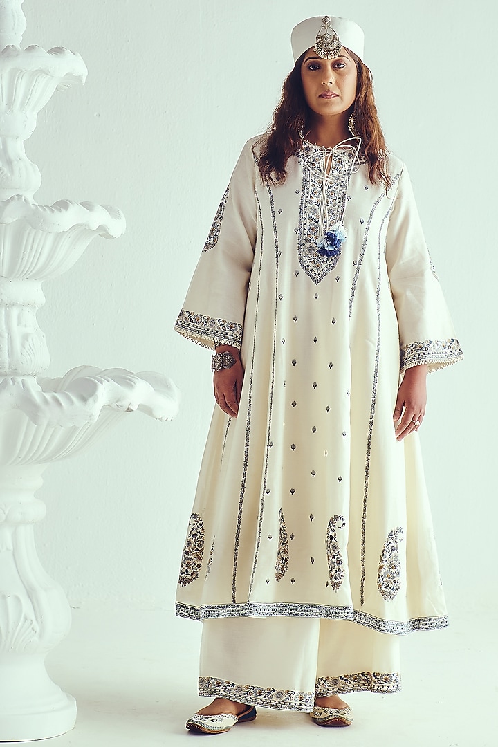 Ivory Chanderi Handloom Resham Embroidered Phiran Wedding Anarkali Set by Wabi Sabi at Pernia's Pop Up Shop
