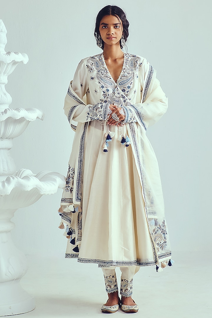 Ivory Chanderi Handloom Resham Embroidered Angrakha Wedding Anarkali Set by Wabi Sabi at Pernia's Pop Up Shop