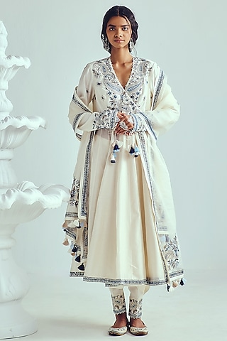 Ivory Chanderi Handloom Resham Embroidered Angrakha Anarkali Set by Wabi Sabi