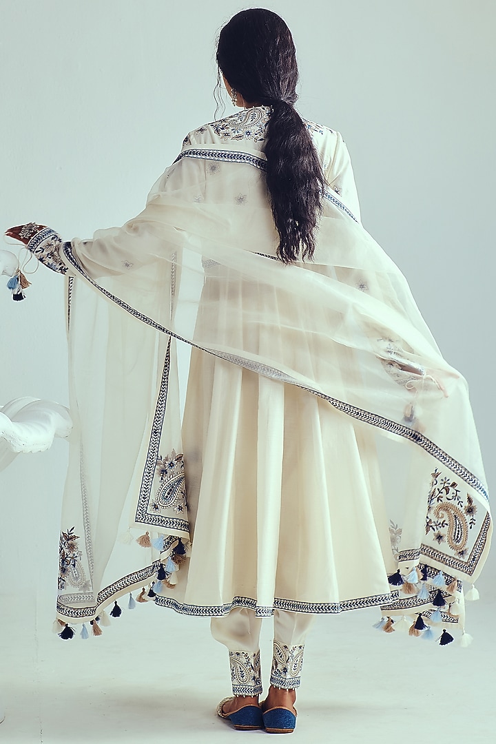 Ivory Chanderi Handloom Resham Embroidered Angrakha Wedding Anarkali Set by Wabi Sabi at Pernia's Pop Up Shop