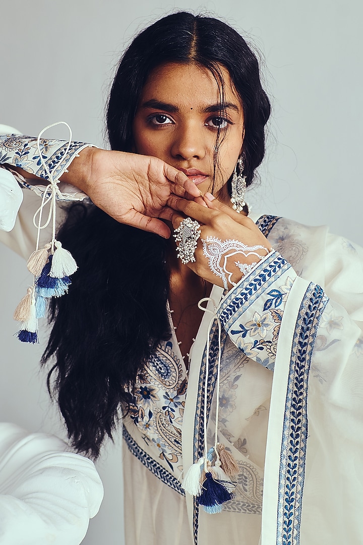 Ivory Chanderi Handloom Resham Embroidered Angrakha Wedding Anarkali Set by Wabi Sabi at Pernia's Pop Up Shop