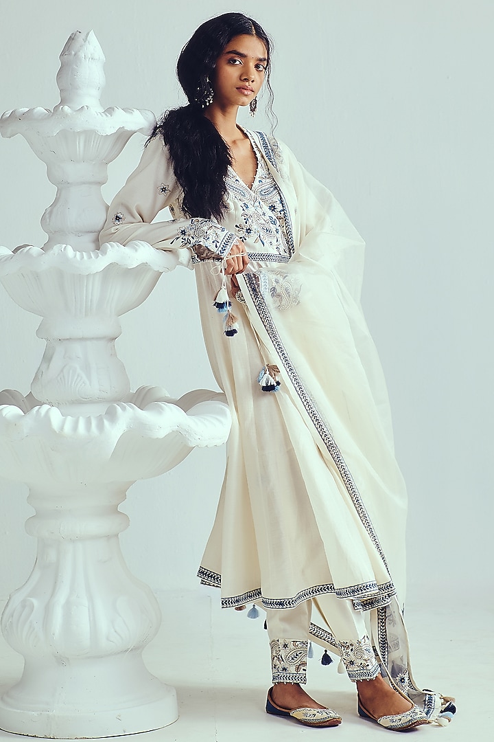 Ivory Chanderi Handloom Resham Embroidered Angrakha Wedding Anarkali Set by Wabi Sabi at Pernia's Pop Up Shop