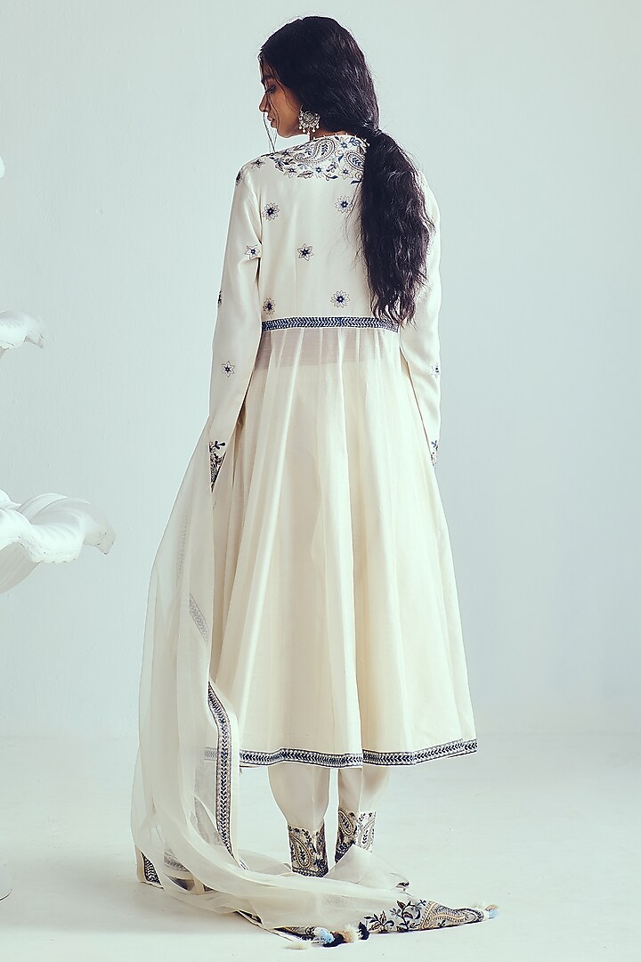 Ivory Chanderi Handloom Resham Embroidered Angrakha Wedding Anarkali Set by Wabi Sabi at Pernia's Pop Up Shop